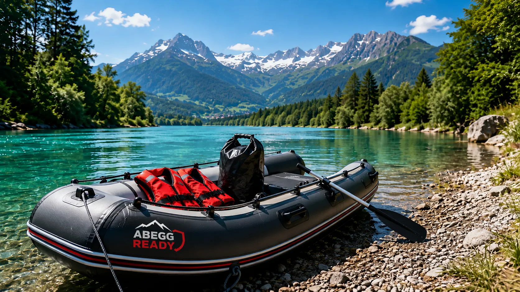 Schlauchboot an einem Schweizer Bergsee mit Rettungswesten und Sicherheitsausrüstung