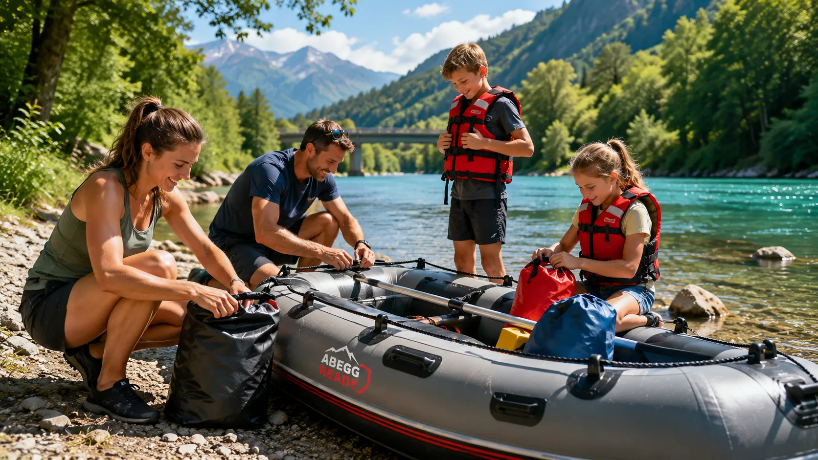 Familie bereitet ein Schlauchboot am Schweizer Fluss mit Rettungswesten und Dry Bag vor