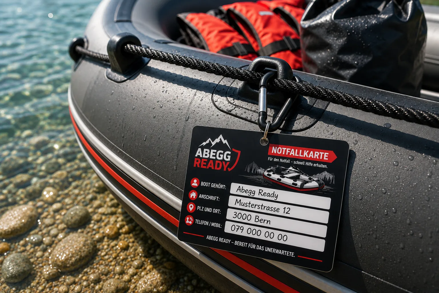Wetterfeste ABEGG READY Boots-Kennzeichnungskarte an einem Schlauchboot