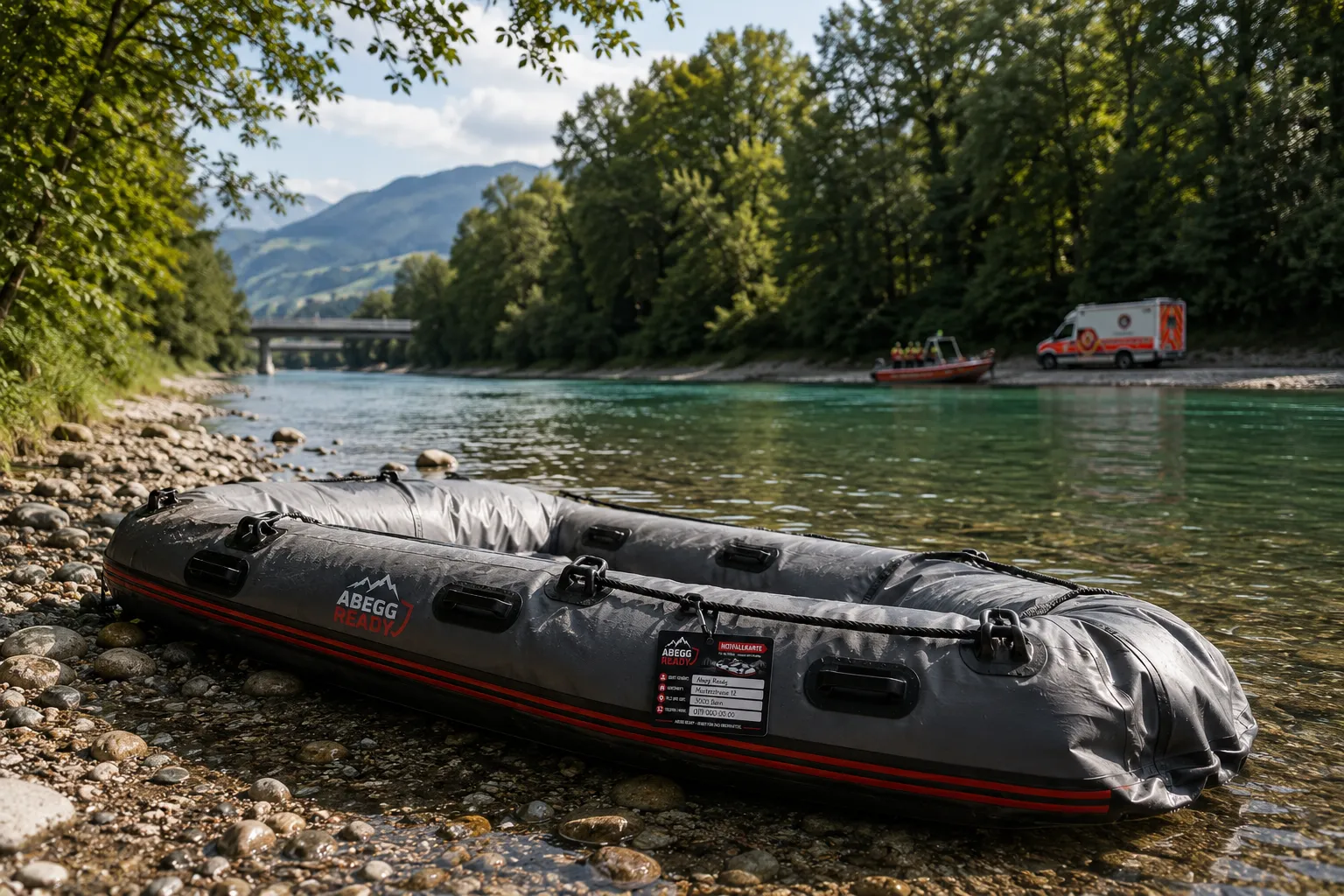 Führerloses Schlauchboot auf einem Schweizer Fluss mit Rettungsboot im Hintergrund