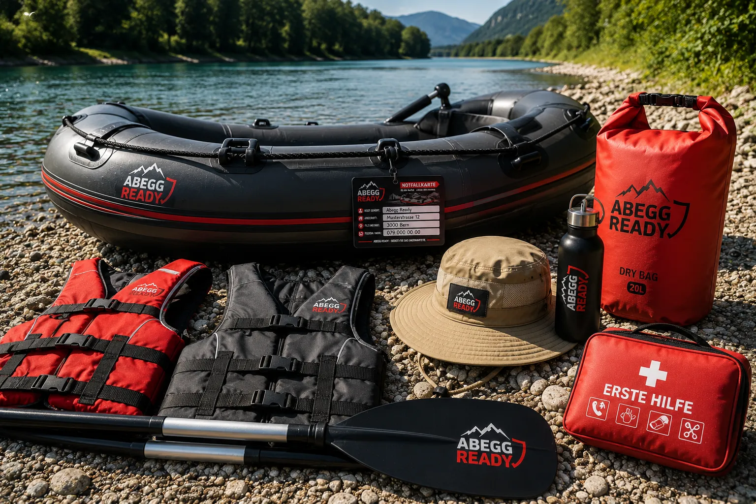 Schlauchboot mit Rettungsweste, Dry Bag, Erste-Hilfe-Set, Trinkwasser und Paddel