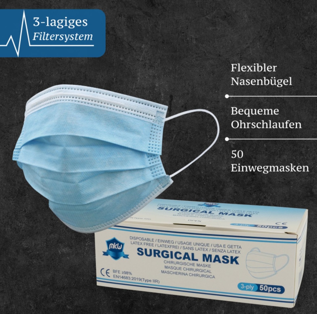 3-lagige OP-Masken Typ IIR Blau – 50 Stück Mundschutz