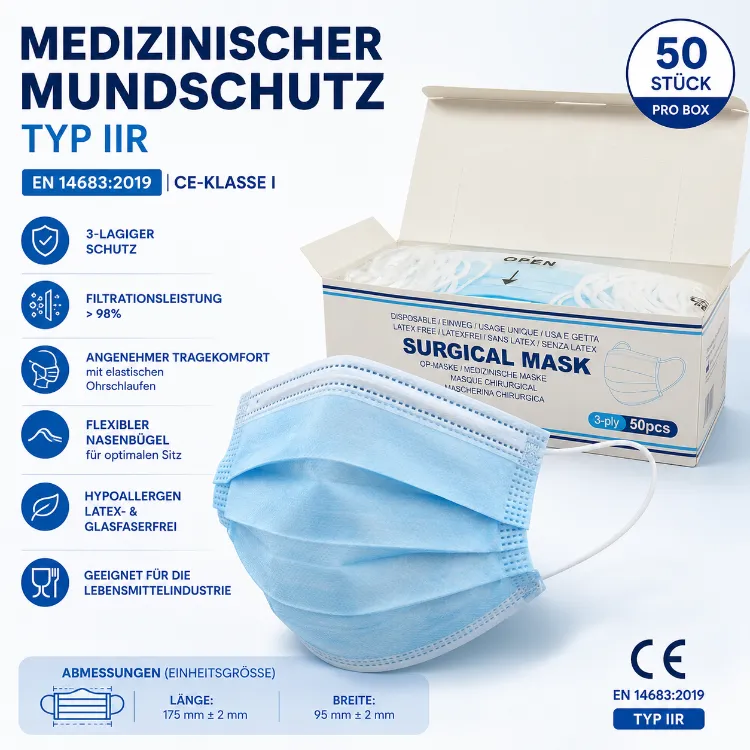 Medizinischer Mundschutz Typ IIR – 3-lagige OP-Masken | EN 14683:2019 | 50 Stück