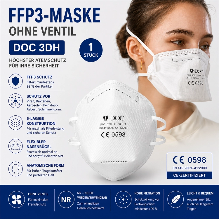 DOC 3DH FFP3 Atemschutzmaske ohne Ventil, weiss – 1 Stück